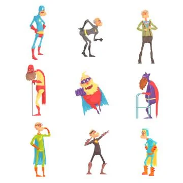 Funny elderly superman cartoon characters in action set of vector Illustrations Stock Illustration