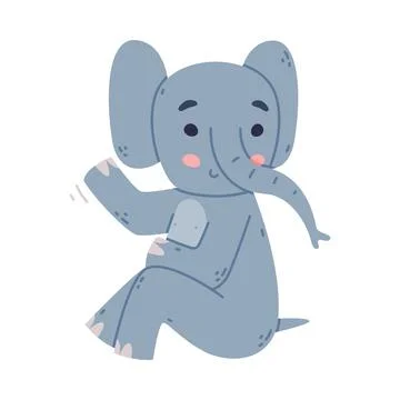 Funny Elephant with Large Ear Flaps and Trunk Sitting and Waving Paw Vector Stock Illustration