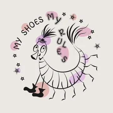 Funny emblem with comic centipede and quote. Happy cartoon character. Illustrazione stock