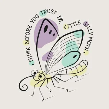 Funny emblem with comic moth and quote. Happy cartoon character. 스톡 일러스트