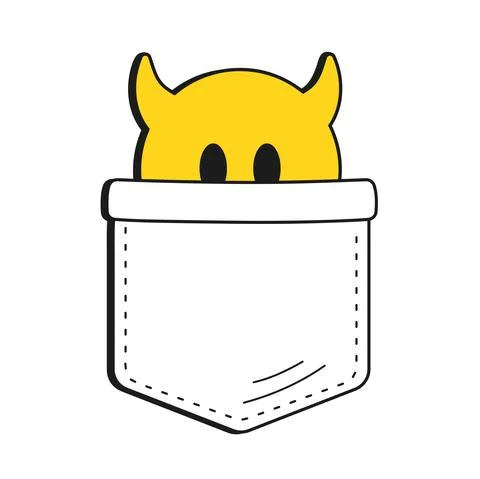 Funny emoji face with devil horns in pocket t-shirt print.Vector cartoon doodle Stock Illustration