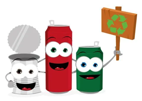 Funny empty cans holding recycling sign Stock Illustration