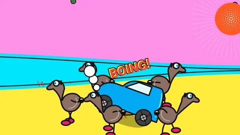 Funny Emu Group Dancing Around A Broken Blue Car In Surreal 2D Animation Stock Footage 341397879