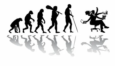 Funny evolution of work - from prehistoric times to the modern world. Stock Illustration