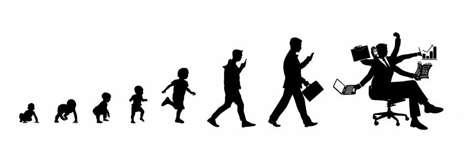 Funny evolution of work - from toddler to child, through teenager and adult. Illustrazione stock