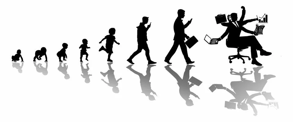 Funny evolution of work - from toddler to child, through teenager and adult. Stock Illustration
