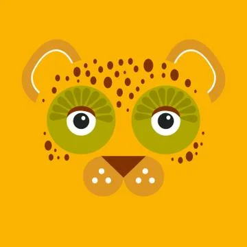 Funny face big cat, leopard with brown spots on Orange background. Vector Stock Illustration