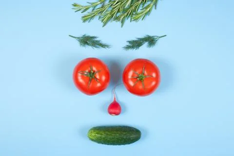 Funny face from different vegetables tomatoes, cucumber, radish, dill and ros Stock Photos