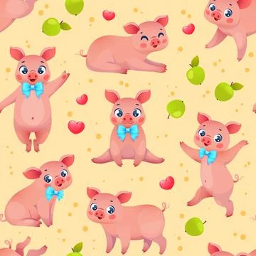 Funny farm piglets seamless pattern. Pink little porks having fun, playing Stock Illustration