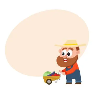 Funny farmer, gardener character pushing barrow, handcart with vegetables Stock Illustration