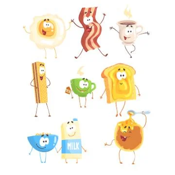 Funny fast food, set for label design. Breakfast products standing and smiling Stock Illustration