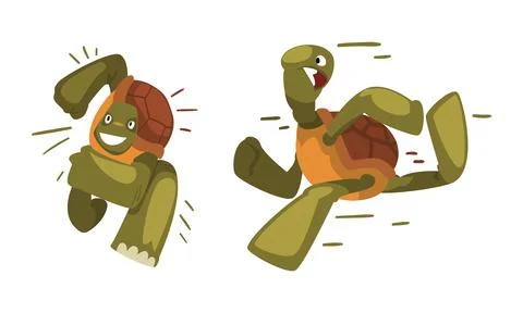 Funny fast running turtles set cartoon vector illustration Stock Illustration