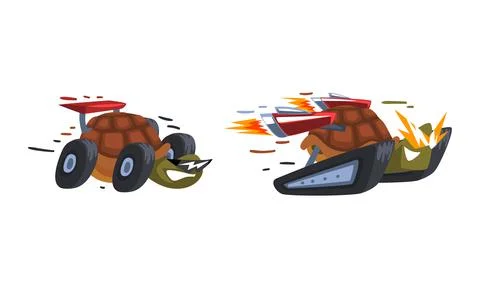 Funny fast turtles set. Tortoise on wheels cartoon vector illustration Stock Illustration