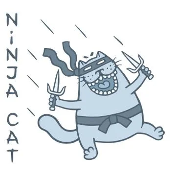 Funny fat cat warrior shadow attacks with daggers Stock Illustration