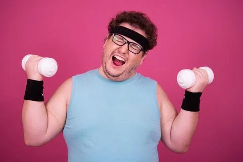 Funny fat man eats donuts. Retro style. Food and fitness. 스톡 사진