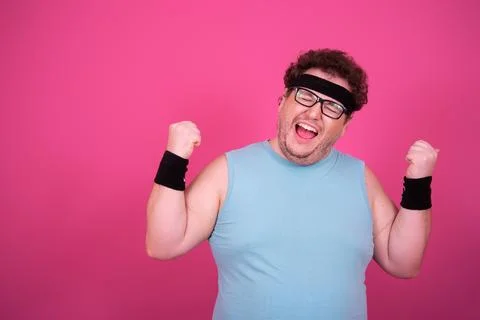 Funny fat man eats donuts. Retro style. Food and fitness. Stock Photos