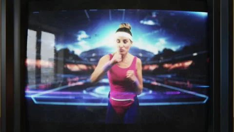 Funny female athlete practicing karate on retro tv screen, weak signal 스톡 동영상 283674751