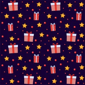 Funny festive seamless pattern. Gift boxes and stars, background for birthday Stock Illustration