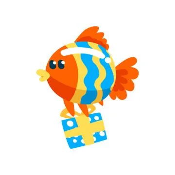 Funny fish with gift box, cute little sea creature character, marine theme Stock Illustration