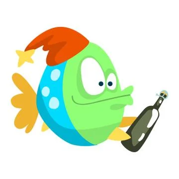 Funny fish in party hat with bottle, little sea creature character, marine theme Stock Illustration