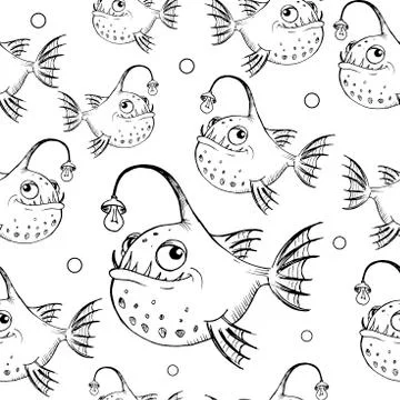 Funny fish pattern. Hand drawn fishes with flashlights in a cartoon style on Stock Illustration