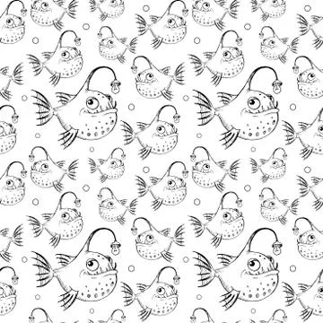 Funny fish pattern. Hand drawn fishes with flashlights in a cartoon style on Stock Illustration