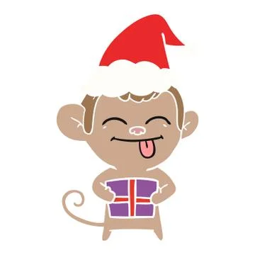 Funny flat color illustration of a monkey with christmas present wearing sant Stock Illustration