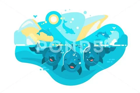 Funny flock of dolphins swimming in sea Stock Illustration