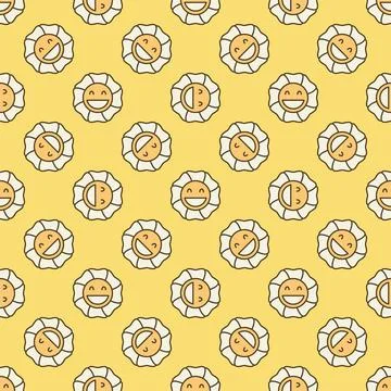 Funny Flower with Smiling Face vector colored seamless pattern in Groovy styl Stock Illustration