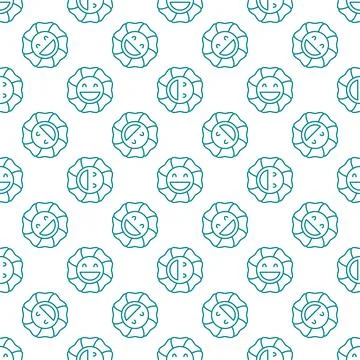 Funny Flower with Smiling Face vector outline seamless pattern in Groovy styl Stock Illustration