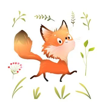 Funny Fluffy Fox Walking in Forest Animal for Kids Stock Illustration
