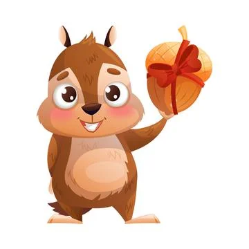 Funny Flushed Chipmunk Character with Cute Snout Holding Acorn Tied with Bow and Stock Illustration
