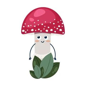 Funny fly agaric with face, childrens cartoon character. Edible and inedible Stock Illustration