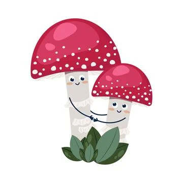 Funny fly agaric with faces, childrens cartoon character. Edible and inedible Stock Illustration