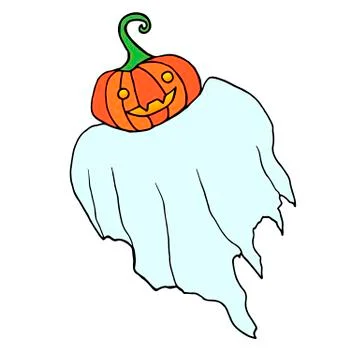 Funny flying ghost with a pumpkin instead of a head, is isolated Stock Illustration