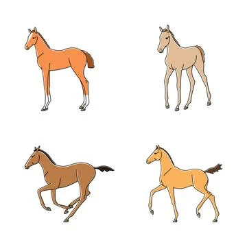 Funny foals in different poses. Vector modern simple isolated set Stock Illustration