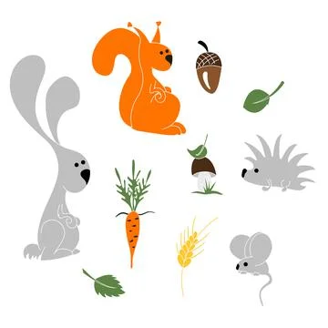 Funny forest animals set. Cartoon illustrations on white background. Stock Illustration