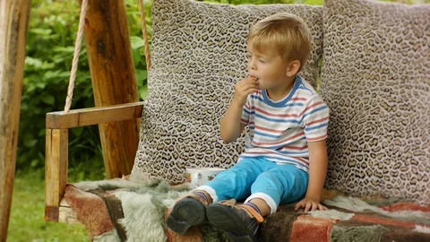 A funny four-year-old boy enjoys eating raspberries on a village swing. Stock Footage 129638560