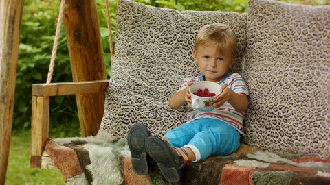 A funny four-year-old boy enjoys eating raspberries on a village swing. Stock Footage 129638652