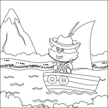Funny fox cartoon vector on little boat with cartoon style, Stock Illustration