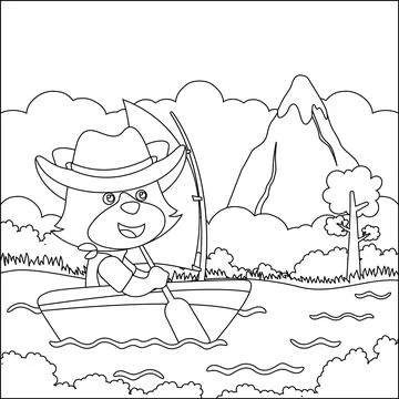 Funny fox cartoon vector on little boat with cartoon style, Stock Illustration
