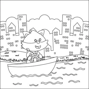 Funny fox cartoon vector on little boat with cartoon style, Stock Illustration
