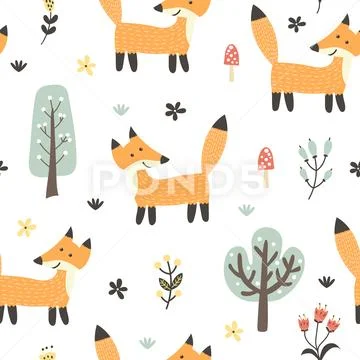 Funny fox seamless pattern. Forest background in childish style Stock Illustration