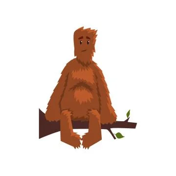 Funny friendly bigfoot sitting on tree branch, mythical creature cartoon Stock Illustration