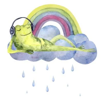 Funny frog is lying on a cloud on the background of a rainbow. Watercolor Illustrazione stock
