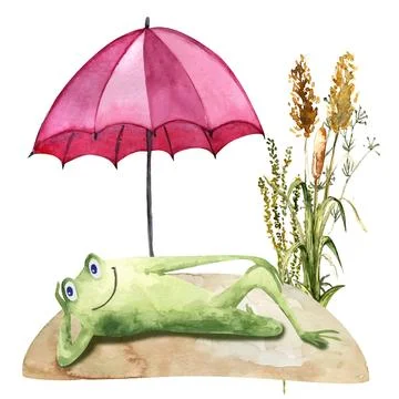 A funny frog is lying on the lawn under an umbrella. Watercolor children s Stock Illustration