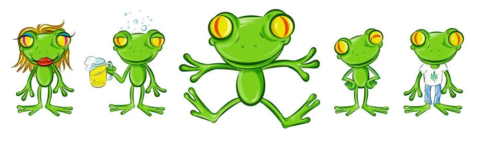 Funny Frog  set in different poses. Collection isolated  in cartoon style. .. Stock Illustration