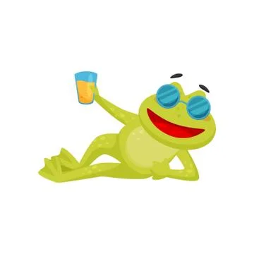 Funny frog in sunglasses lying isolated on white background. Green toad holding Stock Illustration