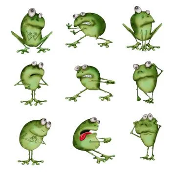 Funny frog in various poses and emotions. Illustrazione stock