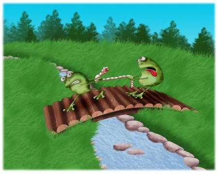 Funny frogs on the bridge share a worm. Children's book illustration. Stock Illustration